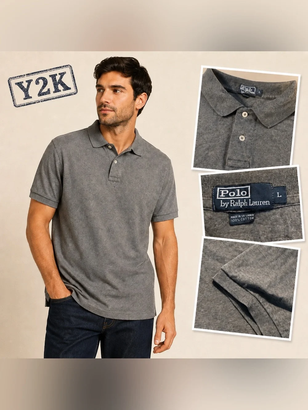 Polo by Ralph Lauren Men’s L Gray Cotton Polo Shirt Minimalist Y2K